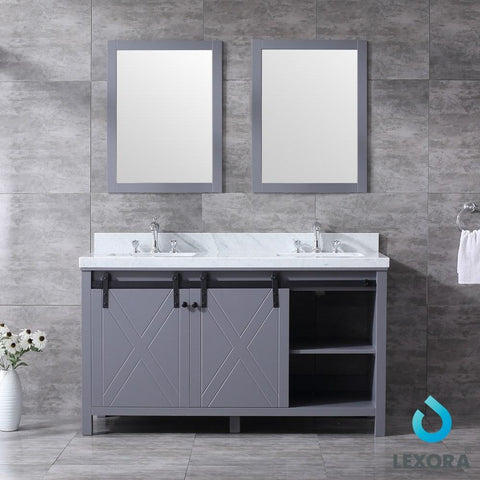 Image of Marsyas 60" Dark Grey Double Vanity | White Carrara Marble Top | White Square Sinks and 24" Mirrors