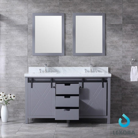 Image of Marsyas 60" Dark Grey Double Vanity | White Carrara Marble Top | White Square Sinks and 24" Mirrors