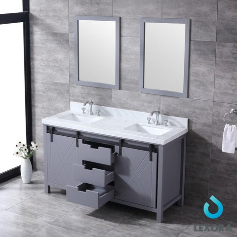 Image of Marsyas 60" Dark Grey Double Vanity | White Carrara Marble Top | White Square Sinks and 24" Mirrors