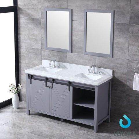 Image of Marsyas 60" Dark Grey Double Vanity | White Carrara Marble Top | White Square Sinks and 24" Mirrors