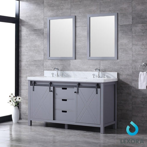 Image of Marsyas 60" Dark Grey Double Vanity | White Carrara Marble Top | White Square Sinks and 24" Mirrors
