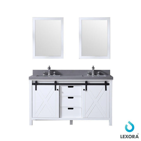 Image of Marsyas 60" White Double Vanity | Grey Quartz Top | White Square Sinks and 24" Mirrors