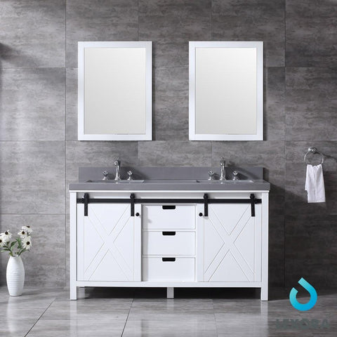 Image of Marsyas 60" White Double Vanity | Grey Quartz Top | White Square Sinks and 24" Mirrors