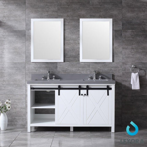 Image of Marsyas 60" White Double Vanity | Grey Quartz Top | White Square Sinks and 24" Mirrors