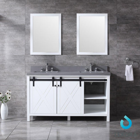 Image of Marsyas 60" White Double Vanity | Grey Quartz Top | White Square Sinks and 24" Mirrors