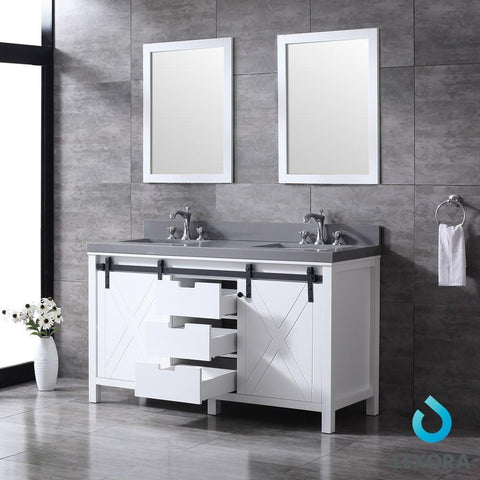 Image of Marsyas 60" White Double Vanity | Grey Quartz Top | White Square Sinks and 24" Mirrors
