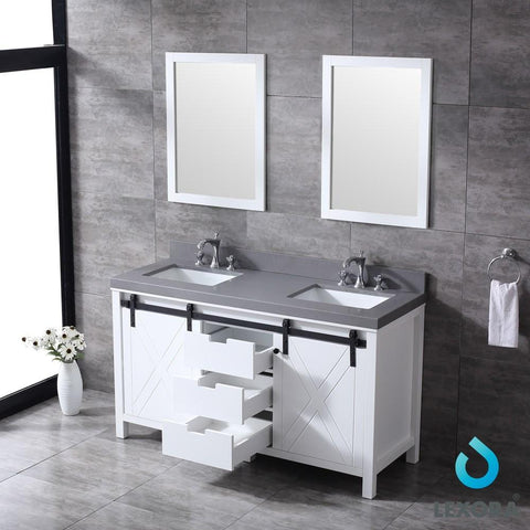 Image of Marsyas 60" White Double Vanity | Grey Quartz Top | White Square Sinks and 24" Mirrors