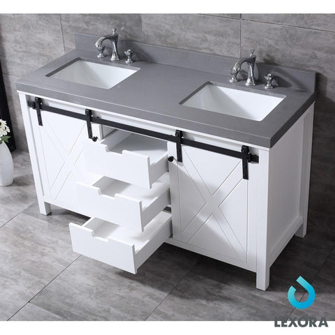 Image of Marsyas 60" White Double Vanity | Grey Quartz Top | White Square Sinks and 24" Mirrors