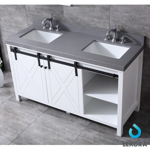 Image of Marsyas 60" White Double Vanity | Grey Quartz Top | White Square Sinks and 24" Mirrors
