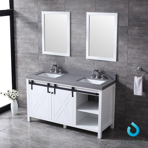 Image of Marsyas 60" White Double Vanity | Grey Quartz Top | White Square Sinks and 24" Mirrors