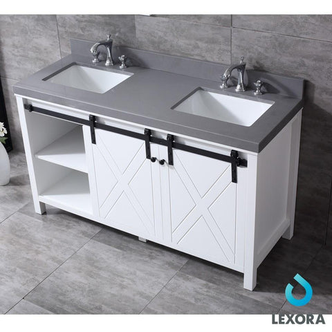Image of Marsyas 60" White Double Vanity | Grey Quartz Top | White Square Sinks and 24" Mirrors