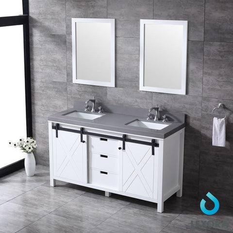 Image of Marsyas 60" White Double Vanity | Grey Quartz Top | White Square Sinks and 24" Mirrors