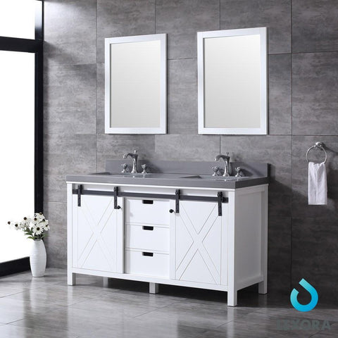 Image of Marsyas 60" White Double Vanity | Grey Quartz Top | White Square Sinks and 24" Mirrors