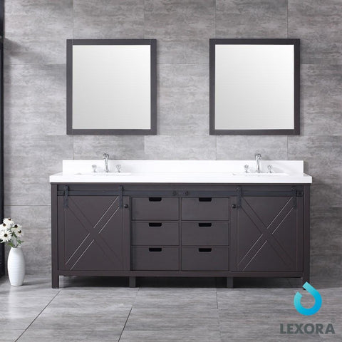 Image of Marsyas 80" Brown Double Vanity | White Quartz Top | White Square Sinks and 30" Mirrors