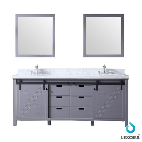 Image of Marsyas 80" Dark Grey Double Vanity | White Carrara Marble Top | White Square Sinks and 30" Mirrors