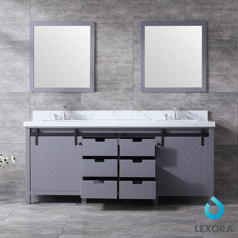 Image of Marsyas 80" Dark Grey Double Vanity | White Carrara Marble Top | White Square Sinks and 30" Mirrors