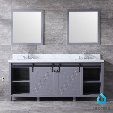 Image of Marsyas 80" Dark Grey Double Vanity | White Carrara Marble Top | White Square Sinks and 30" Mirrors