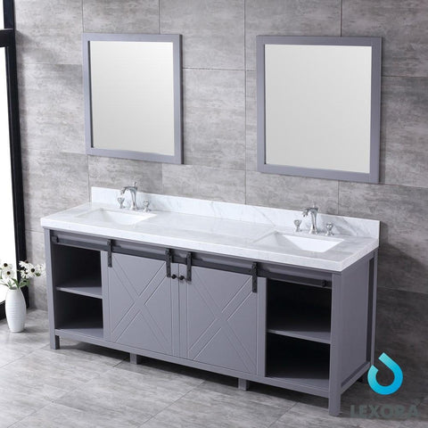 Image of Marsyas 80" Dark Grey Double Vanity | White Carrara Marble Top | White Square Sinks and 30" Mirrors