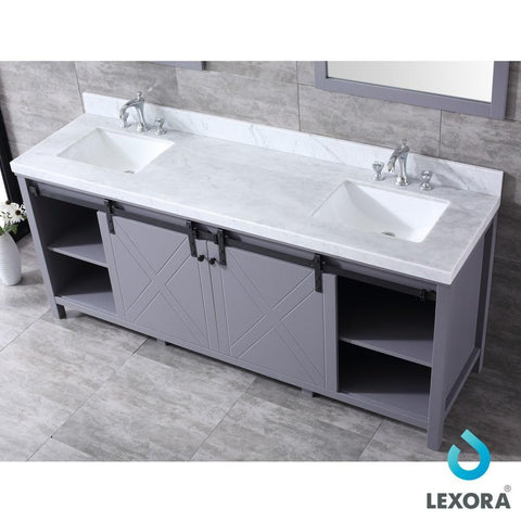 Image of Marsyas 80" Dark Grey Double Vanity | White Carrara Marble Top | White Square Sinks and 30" Mirrors