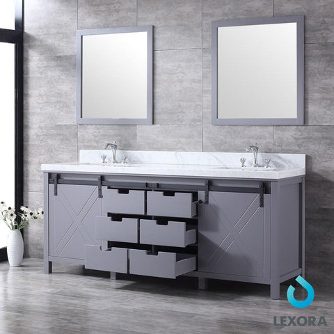 Image of Marsyas 80" Dark Grey Double Vanity | White Carrara Marble Top | White Square Sinks and 30" Mirrors