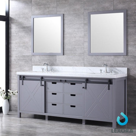 Image of Marsyas 80" Dark Grey Double Vanity | White Carrara Marble Top | White Square Sinks and 30" Mirrors
