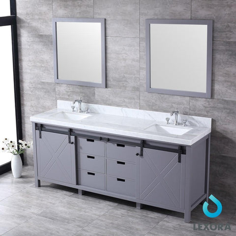 Image of Marsyas 80" Dark Grey Double Vanity | White Carrara Marble Top | White Square Sinks and 30" Mirrors