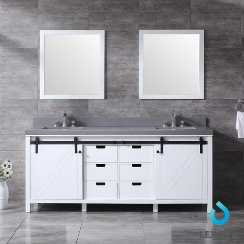 Image of Marsyas 80" White Double Vanity | Grey Quartz Top | White Square Sinks and 30" Mirrors