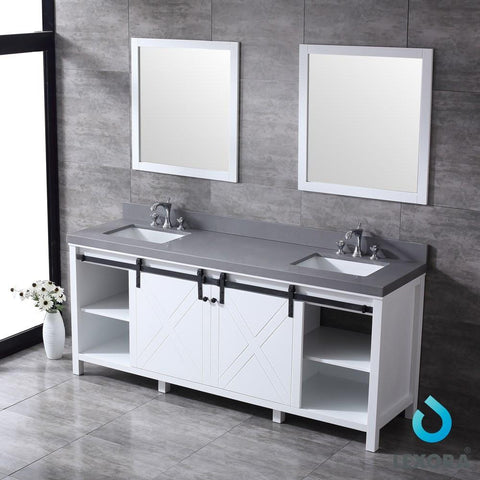 Image of Marsyas 80" White Double Vanity | Grey Quartz Top | White Square Sinks and 30" Mirrors