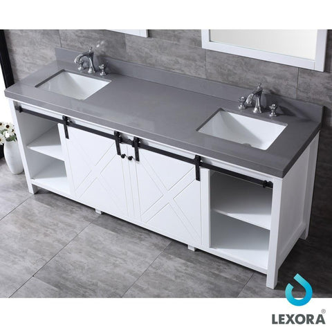 Image of Marsyas 80" White Double Vanity | Grey Quartz Top | White Square Sinks and 30" Mirrors