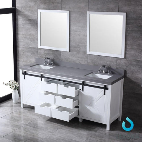 Image of Marsyas 80" White Double Vanity | Grey Quartz Top | White Square Sinks and 30" Mirrors