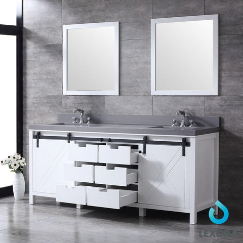 Image of Marsyas 80" White Double Vanity | Grey Quartz Top | White Square Sinks and 30" Mirrors