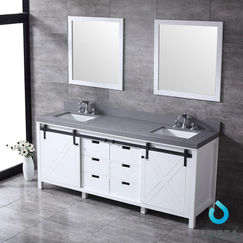 Image of Marsyas 80" White Double Vanity | Grey Quartz Top | White Square Sinks and 30" Mirrors