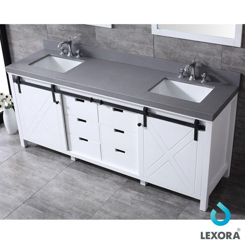 Image of Marsyas 80" White Double Vanity | Grey Quartz Top | White Square Sinks and 30" Mirrors