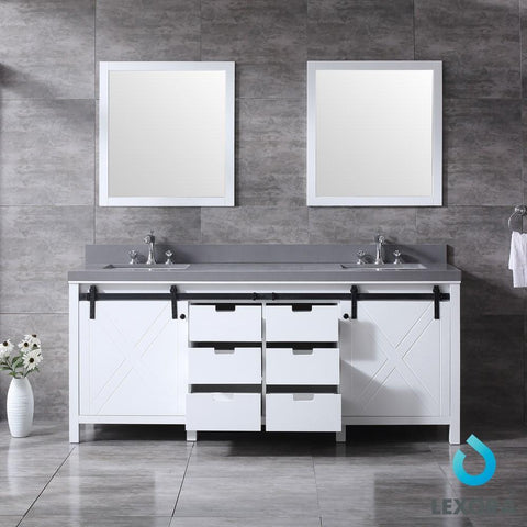 Image of Marsyas 80" White Double Vanity | Grey Quartz Top | White Square Sinks and 30" Mirrors