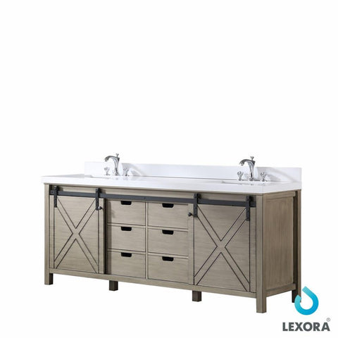 Image of Marsyas 84" Ash Grey Double Vanity | White Quartz Top | White Square Sinks and no Mirror