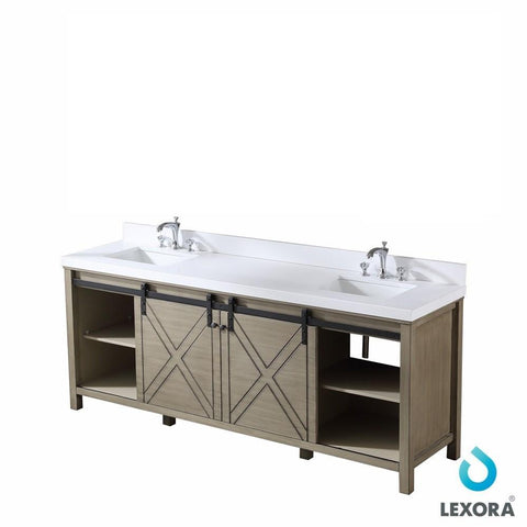 Image of Marsyas 84" Ash Grey Double Vanity | White Quartz Top | White Square Sinks and no Mirror