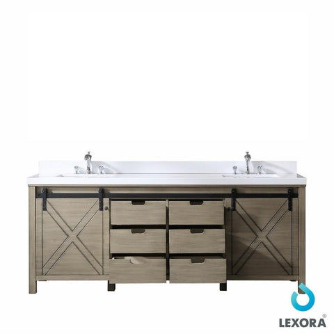 Image of Marsyas 84" Ash Grey Double Vanity | White Quartz Top | White Square Sinks and no Mirror