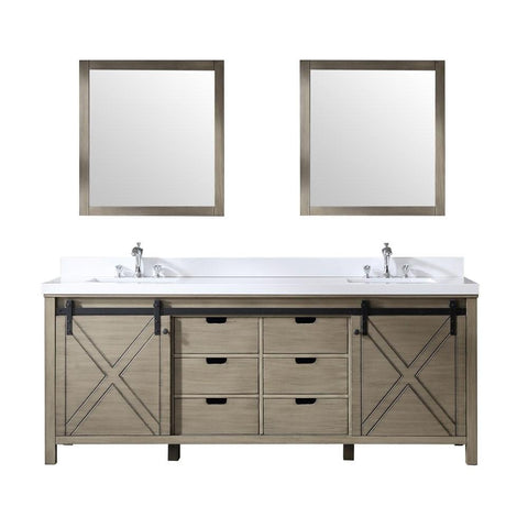 Image of Marsyas 84" Ash Grey Double Vanity | White Quartz Top | White Square Sinks and 34" Mirrors