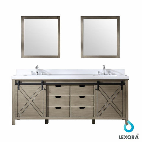 Image of Marsyas 84" Ash Grey Double Vanity | White Quartz Top | White Square Sinks and 34" Mirrors