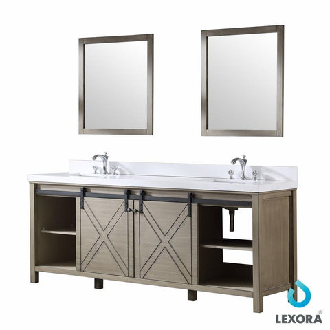 Image of Marsyas 84" Ash Grey Double Vanity | White Quartz Top | White Square Sinks and 34" Mirrors