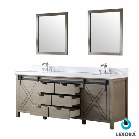 Image of Marsyas 84" Ash Grey Double Vanity | White Quartz Top | White Square Sinks and 34" Mirrors