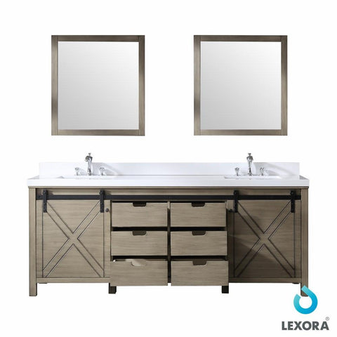 Image of Marsyas 84" Ash Grey Double Vanity | White Quartz Top | White Square Sinks and 34" Mirrors
