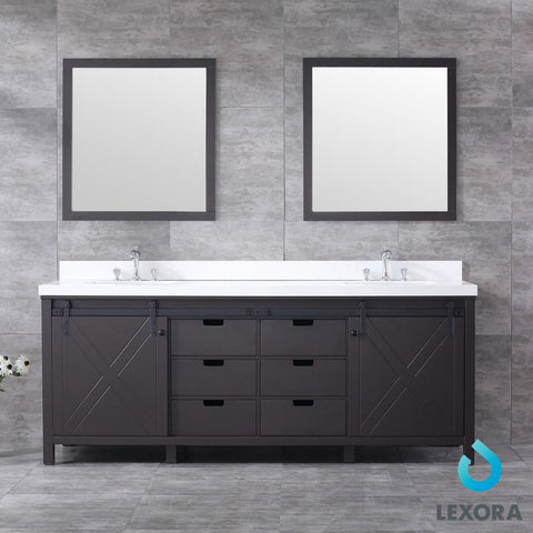 Image of Marsyas 84" Brown Double Vanity | White Quartz Top | White Square Sinks and 34" Mirrors