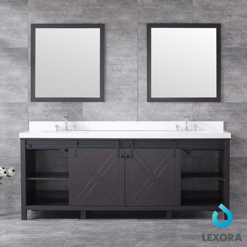 Image of Marsyas 84" Brown Double Vanity | White Quartz Top | White Square Sinks and 34" Mirrors