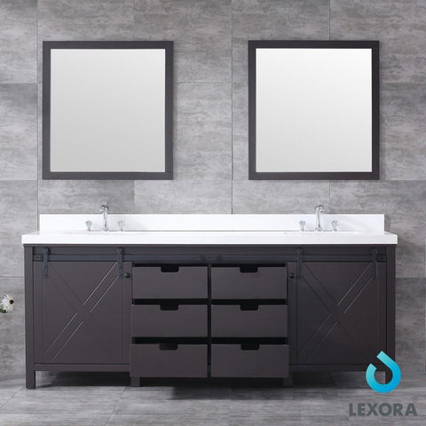 Image of Marsyas 84" Brown Double Vanity | White Quartz Top | White Square Sinks and 34" Mirrors