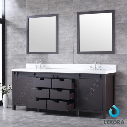 Image of Marsyas 84" Brown Double Vanity | White Quartz Top | White Square Sinks and 34" Mirrors