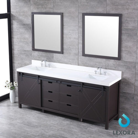 Image of Marsyas 84" Brown Double Vanity | White Quartz Top | White Square Sinks and 34" Mirrors