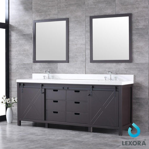 Image of Marsyas 84" Brown Double Vanity | White Quartz Top | White Square Sinks and 34" Mirrors