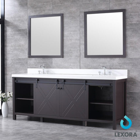 Image of Marsyas 84" Brown Double Vanity | White Quartz Top | White Square Sinks and 34" Mirrors