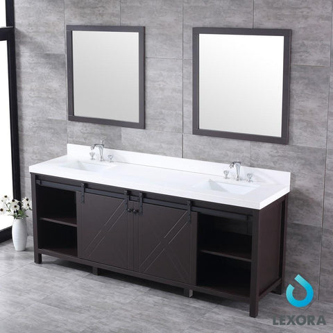 Image of Marsyas 84" Brown Double Vanity | White Quartz Top | White Square Sinks and 34" Mirrors
